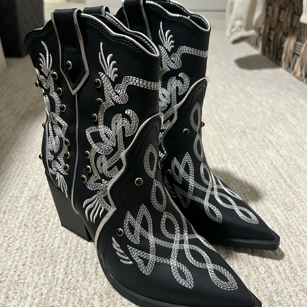 Altar'd State Black and Silver Embroidered Ankle Boots